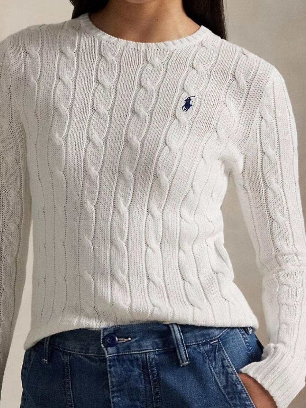 Ralph Lauren VTG Womens Cable-Knit Crewneck Sweater White Navy Pony XS Preppy
